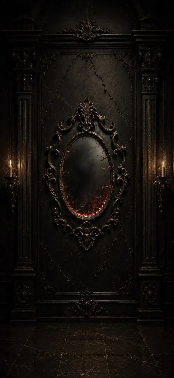 An ornate antique mirror with a cracked, glowing red interior