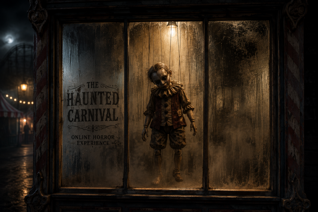 A shadowed figure lurking behind fog inside The Haunted Carnival, part of the online horror experience